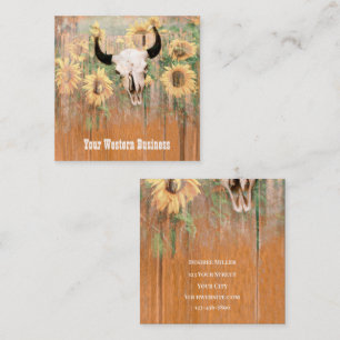 Rustic Western Bull Skull Sunflowers Wood Texture Square Business Card