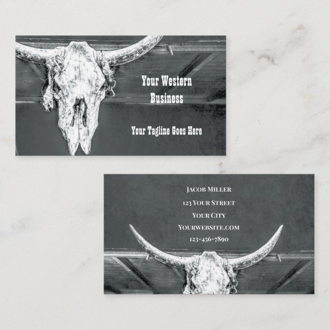Rustic Western Charcoal Grey White Bull Cow Skull Business Card (Front/Back)