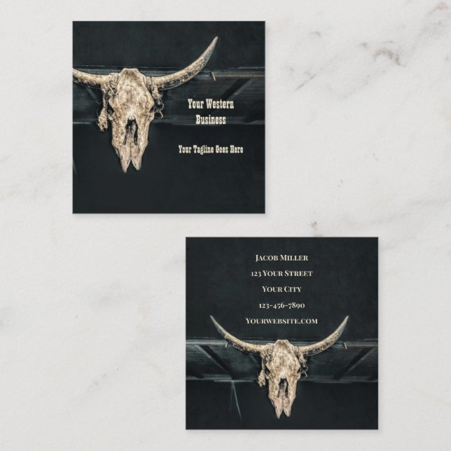 Rustic Western Country Beige Grey Bull Cow Skull Square Business Card (Front/Back)
