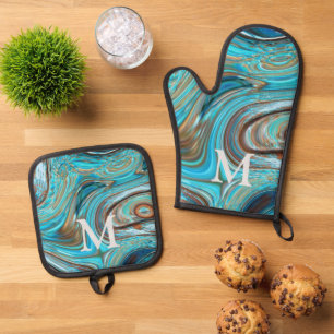 Rustic Western Country Blue Turquoise Monogram Oven Mitt & Pot Holder Set