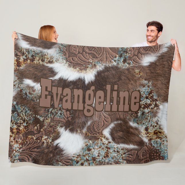 Rustic Western Country Cowhide Cowboy Name Fleece Blanket (In Situ)