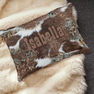 Rustic Western Country Cowhide Turquoise Name Decorative Cushion