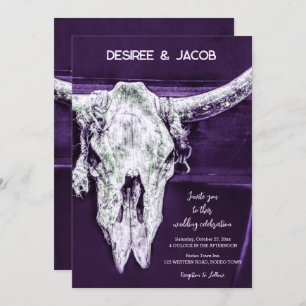 Rustic Western Country Dark Purple Bull Skull Invitation