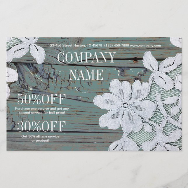 Rustic Western Country White Lace Teal Barn Wood Flyer (Front)