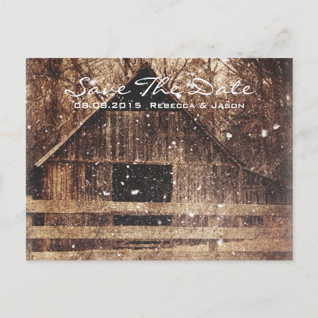 rustic western country winter barn wedding announcement postcard (Front)