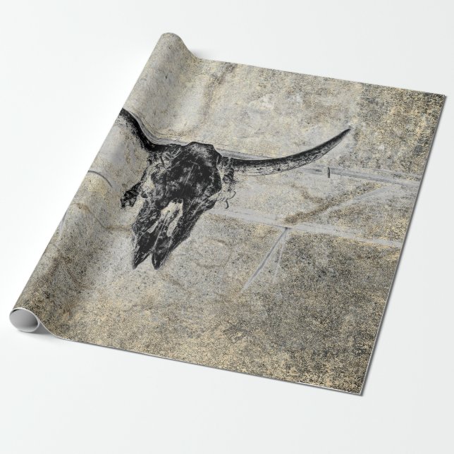 Rustic Western Cow Skull Black Texture Decoupage Wrapping Paper (Unrolled)