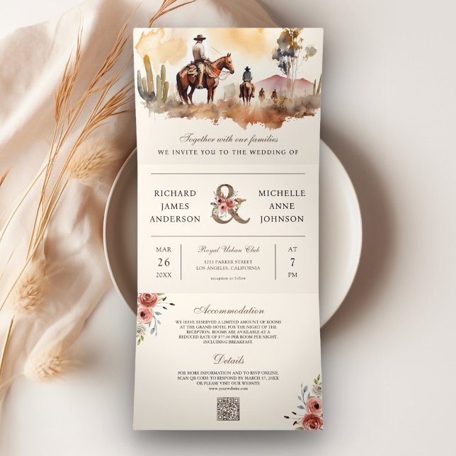 Rustic Western Cowboy All in One QR Code Wedding Tri-Fold Invitation (Creator Uploaded)