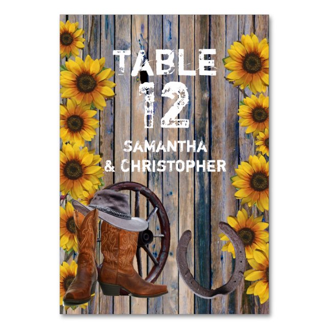 Rustic western cowboy and sunflower wedding table number (Front)