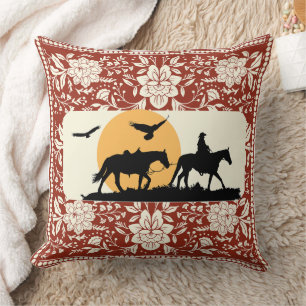 Rustic Western Cowboy Horse Floral Folk Art Sunset Cushion
