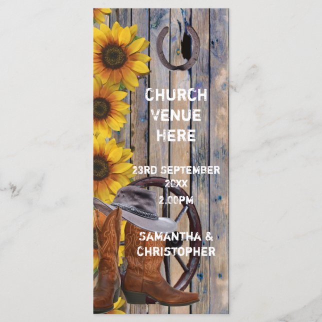 Rustic western cowboy theme church wedding program (Front)