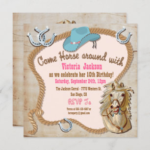 Rustic Western Cowgirl Horse Birthday Invitations