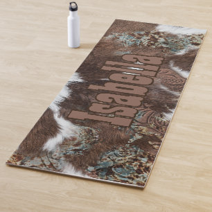 Rustic Western Cowhide Brown Leather Name Yoga Mat