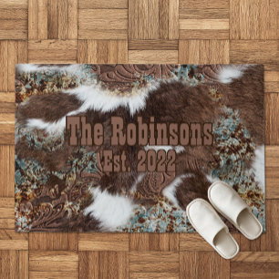 Rustic Western Cowhide Cowboy Brown Leather  Doormat