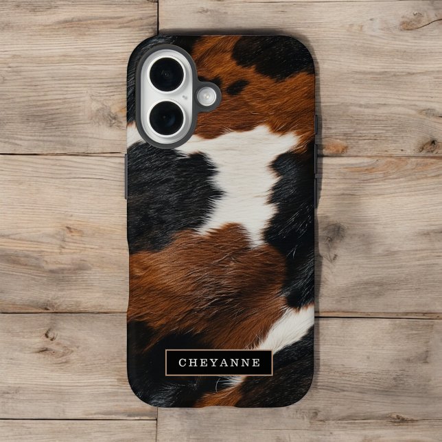 Rustic Western Cowhide Pattern with Name iPhone 16 Case (Creator Uploaded)
