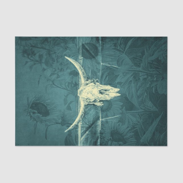 Rustic Western Dark Teal Sunflowers Bull Skull Tissue Paper (Front)
