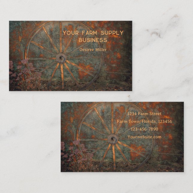 Rustic Western Fall Orange Grey Wagon Wheel Business Card (Front/Back)