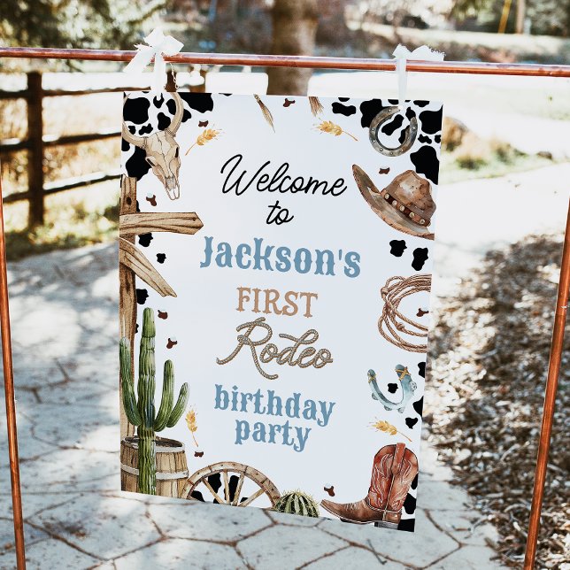 Rustic Western First Rodeo 1st Birthday Welcome Poster (Boys First Rodeo 1st Birthday Welcome Sign, Western Cowboy Editable Boys 1st Rodeo Birthday Sign)