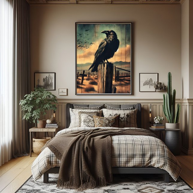 Rustic Western Gothic Raven In Desert Graveyard Poster (Western gothic raven poster, an animal portrait in the style of moody old west Americana)
