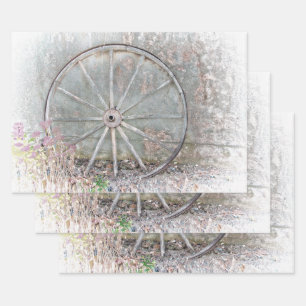 Rustic Western Grey White Distressed Wagon Wheel Wrapping Paper Sheet