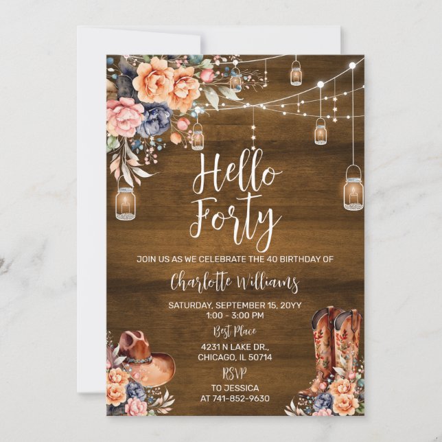 Rustic Western Hello Forty Birthday Party Invitation (Front)
