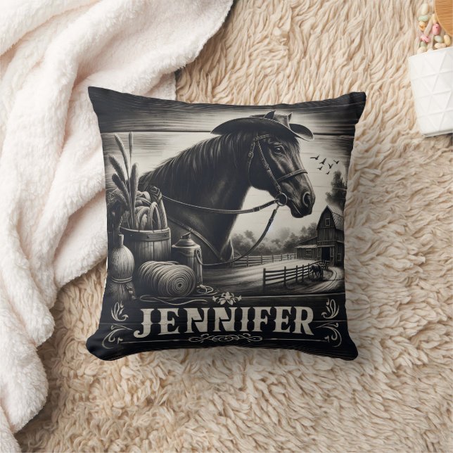 Rustic Western Horse and Farm Scene Cushion (Blanket)