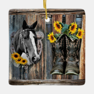 Rustic Western Horse Cowboy boots Sunflowers Ceram Ceramic Ornament