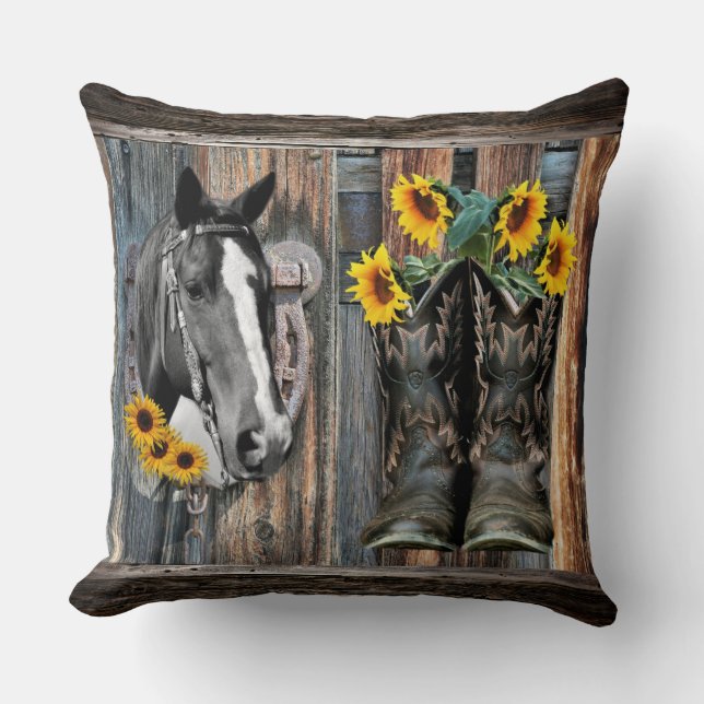 Rustic Western Horse Cowboy boots Sunflowers Cushion (Front)