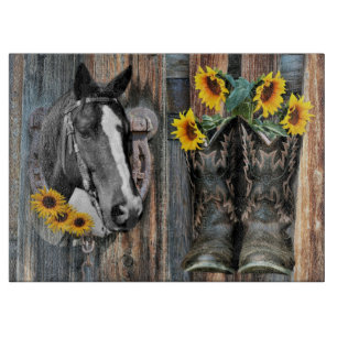 Rustic Western Horse Cowboy boots Sunflowers Cutting Board