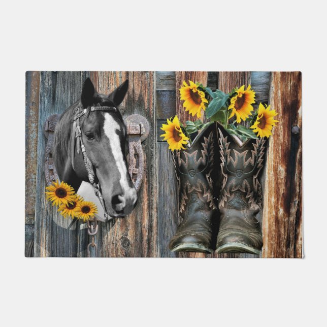 Rustic Western Horse Cowboy boots Sunflowers Doormat (Front)