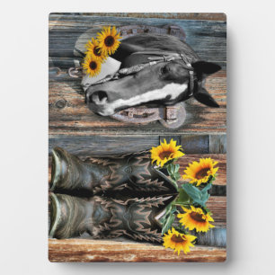 Rustic Western Horse Cowboy boots Sunflowers Plaque
