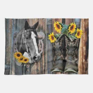 Rustic Western Horse Cowboy boots Sunflowers Tea Towel