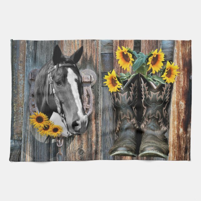 Rustic Western Horse Cowboy boots Sunflowers Tea Towel (Horizontal)