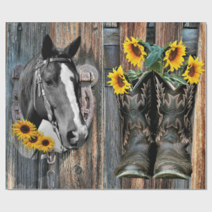 Rustic Western Horse Cowboy boots Sunflowers Wrapping Paper