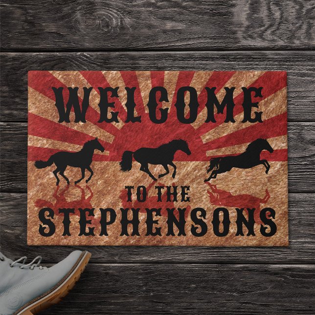 Rustic Western Horses Family Name Welcome Doormat (Rustic western doormat with horses and welcome family name text)