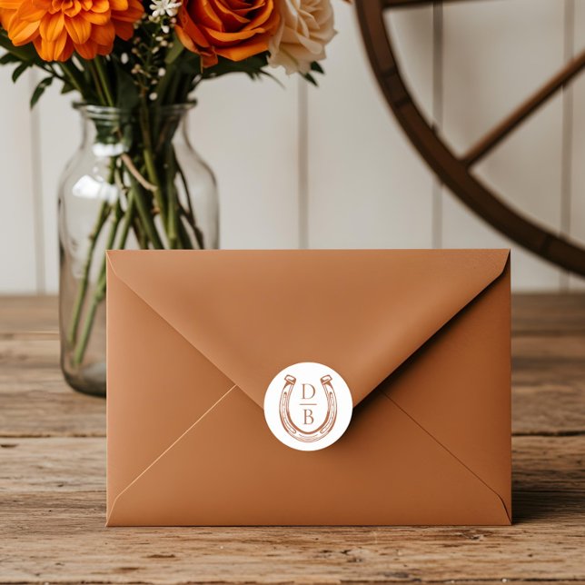 Rustic Western Horseshoe Custom Monogram Wedding Classic Round Sticker (Rustic Western Horseshoe Custom Monogram Wedding Classic Round Sticker)