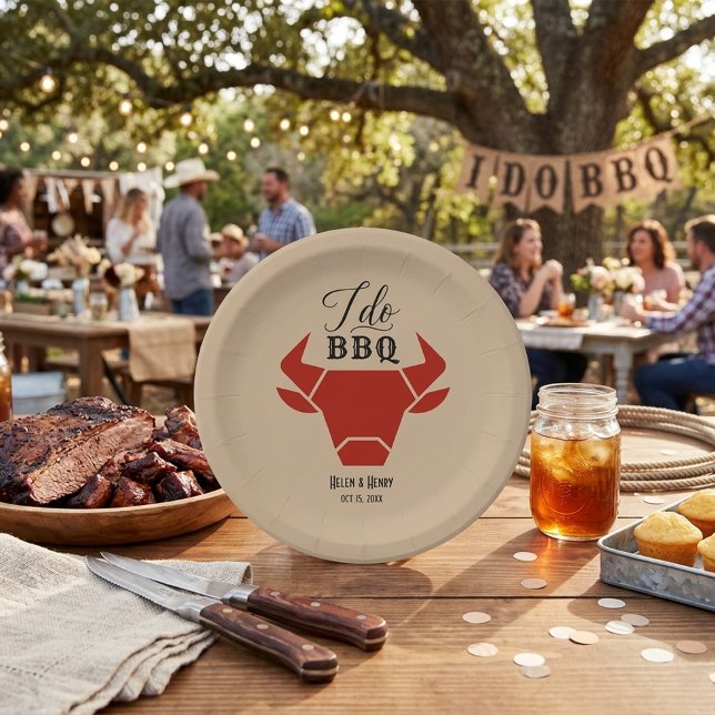 Rustic Western "I Do BBQ" Calligraphy Wedding  Paper Plate (Creator Uploaded)