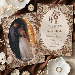 Rustic Western Lace Chocolate Brown Photo Wedding Invitation
