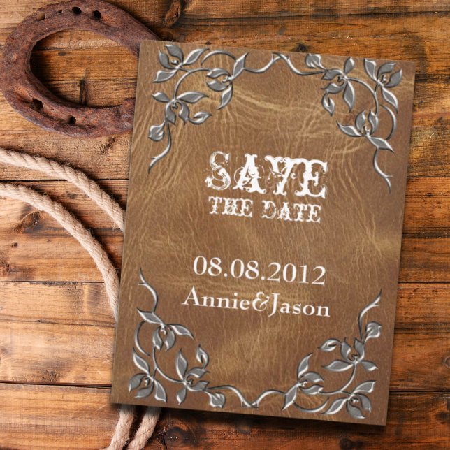 rustic Western Leather Wedding save the date Announcement Postcard (rustic Western Leather Wedding save the date Announcement Postcard)