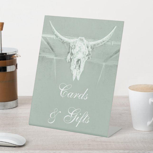 Rustic Western Pastel Sage Green White Cow Skull Pedestal Sign (In SItu)