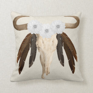 Rustic Western Prairie Floral Cow Skull Feathers Cushion
