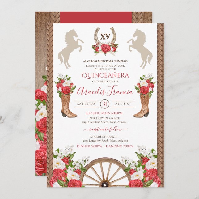 Rustic Western Ranch Red Cowgirl/Charra Quinceanos Invitation (Front/Back)