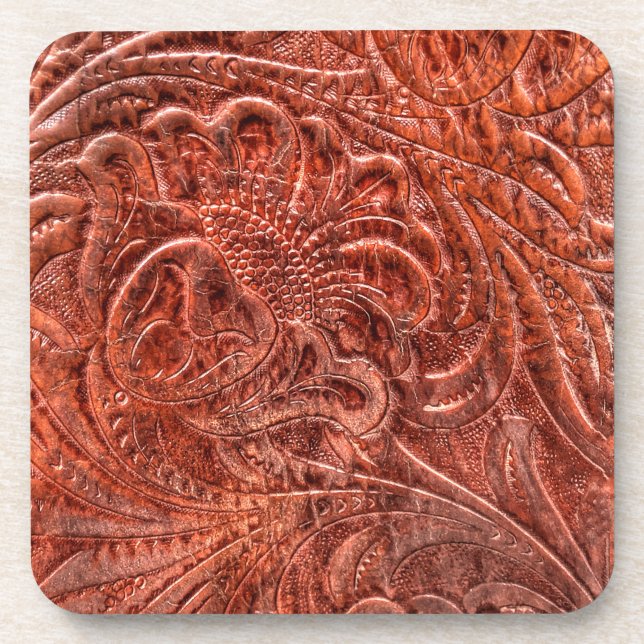 Rustic Western Ranch Tooled Leather-look IV Coaster (Front)