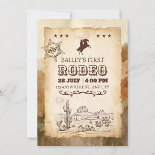 Rustic Western Rodeo Cowboy First Rodeo Birthday Invitation