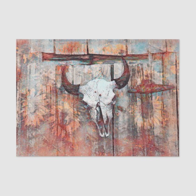 Rustic Western Rust Brown Bull Skull  Sunflowers Tissue Paper (Front)