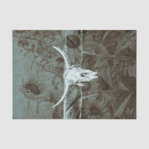 Rustic Western Teal Brown Sunflowers Bull Skull Tissue Paper