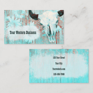 Rustic Western Teal Bull Skull Sunflowers On Wood Business Card