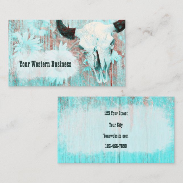 Rustic Western Teal Bull Skull Sunflowers On Wood Business Card (Front/Back)