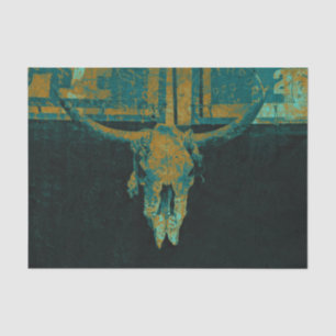 Rustic Western Teal Tan Vintage Bull Skull Script Tissue Paper