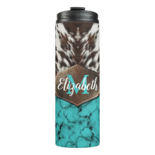 Rustic Western Turquoise Cowhide Thermal Tumbler