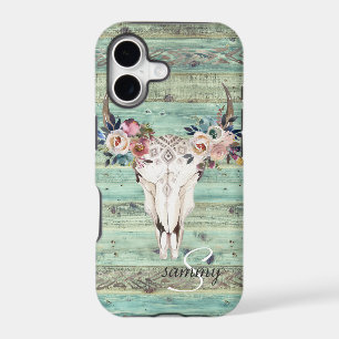 Rustic Western Turquoise Wood Cow Skull Monogram
